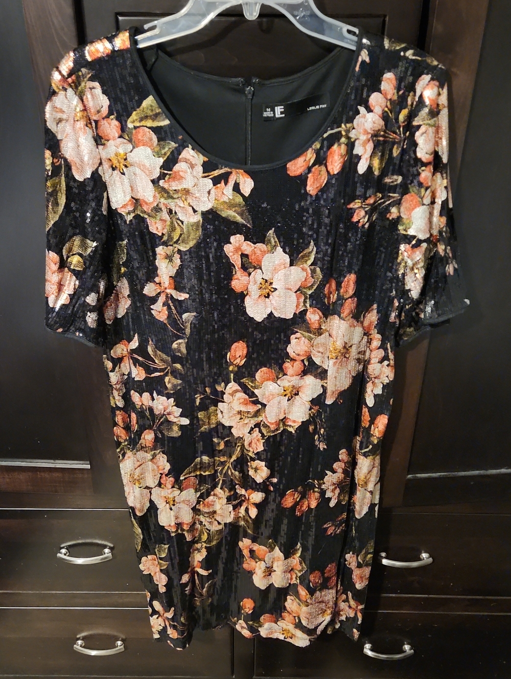 Leslie Fay LF Black Sequin Sheath Dress with Moody Coral Floral Accents
